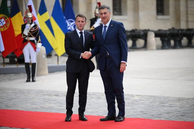 President Macron Welcomes European Leaders At The Coalition Of The Willing Summit - Paris French President Emmanuel Macron welcomes Croatian Prime Minister, Andrej Plenkovic ahead the Coalition Of The Willing Summit in Paris, France on July 13, 2026. Photo by Eliot Blondet ABACAPRESS.COM Paris France  Copyright: xBlondetxEliot ABACAx