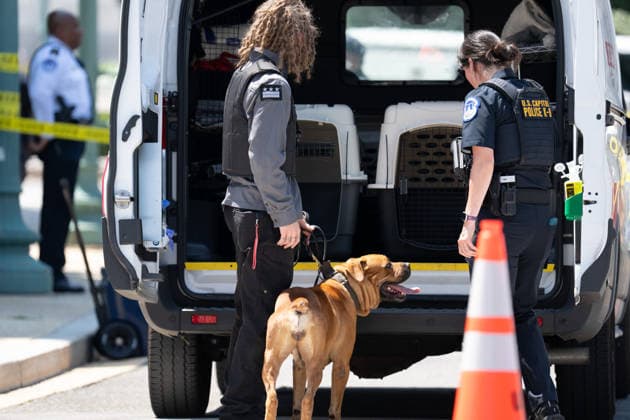 July 13, 2026, Us Capitol, Dc, United States: US Capitol Police inspect a vehicle after a man with a gun and dog entered a restricted area in Washington, D.C. on July 13, 2026. The man and dog were taken into custody. Us Capitol United States  - ZUMAl312 20260713_znp_l312_007 Copyright: xAndrewxLeydenx