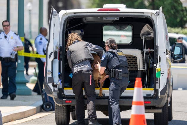July 13, 2026, Us Capitol, Dc, United States: US Capitol Police inspect a vehicle after a man with a gun and dog entered a restricted area in Washington, D.C. on July 13, 2026. The man and dog were taken into custody. Us Capitol United States - ZUMAl312 20260713_znp_l312_009 Copyright: xAndrewxLeydenx