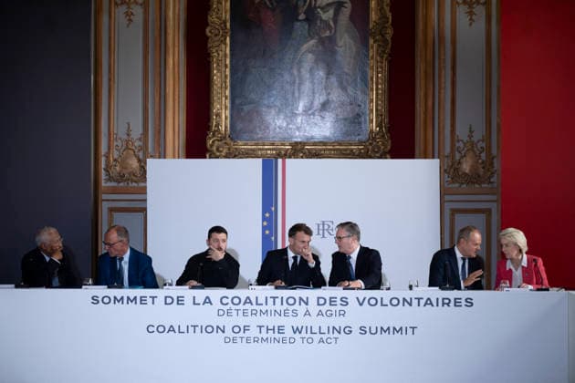 The Coalition Of The Willing Summit - Paris (L-R) European Council President Antonio Costa, German Chancellor Friedrich Merz, Ukrainian President Volodymyr Zelenskyy, French President Emmanuel Macron, British Prime Minister Sir Keir Starmer, Polish Prime Minister Donald Tusk and European Commission President Ursula von der Leyen are seen around a table at the Hotel des Invalides ahead of the Coalition of the Willing Summit in Paris, France, on July 13, 2026. Photo by Eliot Blondet ABACAPRESS.COM Paris France  Copyright: xBlondetxEliot ABACAx