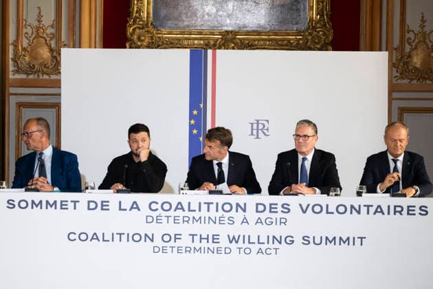 The Coalition Of The Willing Summit - Paris (L-R) German Chancellor Friedrich Merz, Ukrainian President Volodymyr Zelenskyy, French President Emmanuel Macron, British Prime Minister Sir Keir Starmer and Polish Prime Minister Donald Tusk are seen around a table at the Hotel des Invalides ahead of the Coalition of the Willing Summit in Paris, France, on July 13, 2026. Photo by Eliot Blondet ABACAPRESS.COM Paris France  Copyright: xBlondetxEliot ABACAx