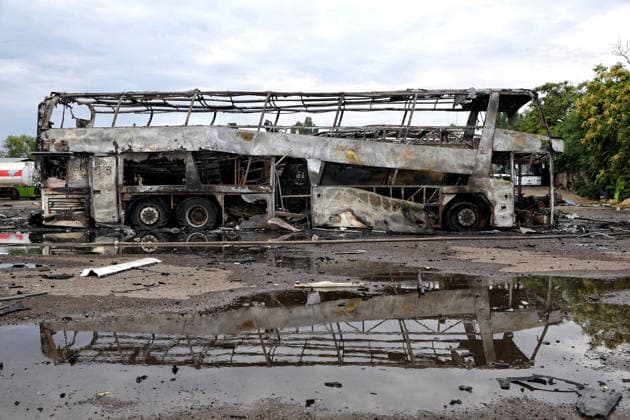RECORD DATE NOT STATED Russian Attack Damages Bus Depot - Ukraine Buses destroyed in a Russian attack are seen at a bus depot in Odesa, Ukraine, on July 13, 2026. Russian forces launched a missile and drone attack on the city on the morning of July 13, damaging a transport company, private houses and a sanatorium building. Four people, including a five-year-old girl, were injured (Photo by Nina Liashonok Ukrinform ABACAPRESS.COM) Odesa Ukraine  Copyright: xLyashonokxNina Ukrinform ABACAx