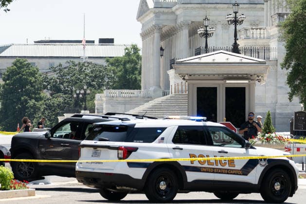 July 13, 2026, Washington, Disitrict Of Columbia, United States: A man is arrested by U.S. Capitol Police after allegedly bringing a firearm onto U.S. Capitol Grounds near the North Barricade in Washington, D.C. Officers quickly took the individual into custody without incident. Firearms are prohibited on Capitol Grounds, and the incident remains under investigation Washington United States  - ZUMAk206 20260713_znp_k206_001 Copyright: xMattxKaminskyx