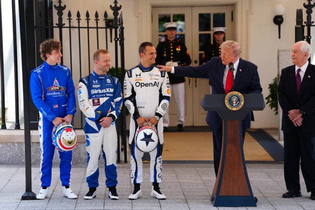 July 13, 2026, Washington, District Of Columbia, USA: United States President Donald J Trump hosts top IndyCar drivers at the White House in Washington, DC, USA, to promote the inaugural Freedom 250 Grand Prix on Monday, July 13, 2026. The race will be held in DC on August 22-23, 2026. Drivers pictured at left are: reigning IndyCar champion Ãlex Palou, Felix Rosenqvist, the 2026 Indy 500, and David Malukas. Looking on from right is IndyCar series owner Roger Penske Washington USA - ZUMAs152 20260713_faa_s152_001 Copyright: xAaronxSchwartzx-xPoolxviaxCNPx