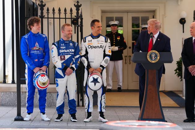 July 13, 2026, Washington, District Of Columbia, USA: United States President Donald J Trump hosts top IndyCar drivers at the White House in Washington, DC, USA, to promote the inaugural Freedom 250 Grand Prix on Monday, July 13, 2026. The race will be held in DC on August 22-23, 2026. Drivers pictured at left are: reigning IndyCar champion Ãlex Palou, Felix Rosenqvist, the 2026 Indy 500, and David Malukas. Looking on from right is IndyCar series owner Roger Penske Washington USA - ZUMAs152 20260713_faa_s152_014 Copyright: xAaronxSchwartzx-xPoolxviaxCNPx