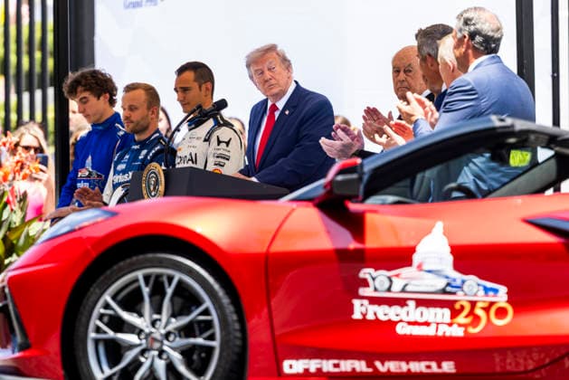 President Donald Trump makes remarks while hosting top IndyCar drivers at the White House in Washington, DC to promote the inaugural Freedom 250 Grand Prix on Monday, July 13, 2026. The race will be held in DC on August 22-23, 2026.  WASP20260713114 JIMxLOxSCALZO
