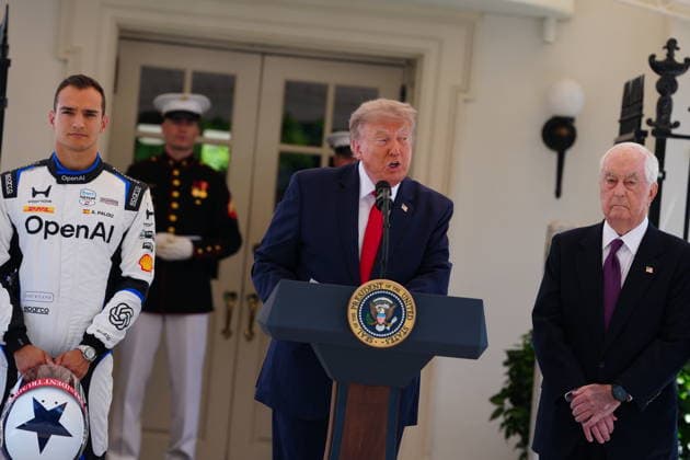 July 13, 2026, Washington, District Of Columbia, USA: United States President Donald J Trump makes remarks as he hosts top IndyCar drivers at the White House in Washington, DC, USA, to promote the inaugural Freedom 250 Grand Prix on Monday, July 13, 2026. The race will be held in DC on August 22-23, 2026. Pictured at left is reigning IndyCar champion Ãlex Palos and at right is IndyCar series owner Roger Penske Washington USA  - ZUMAs152 20260713_faa_s152_015 Copyright: xAaronxSchwartzx-xPoolxviaxCNPx