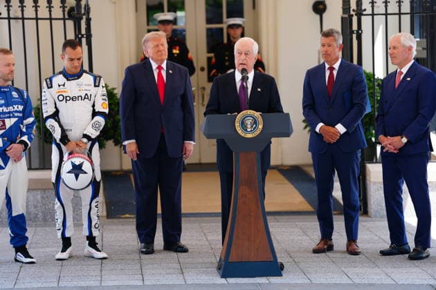 July 13, 2026, Washington, District Of Columbia, USA: IndyCar series owner Roger Penske, center, makes remarks as US President Donald J Trump hosts top IndyCar drivers at the White House in Washington, DC, USA, to promote the inaugural Freedom 250 Grand Prix on Monday, July 13, 2026. The race will be held in DC on August 22-23, 2026 Washington USA - ZUMAs152 20260713_faa_s152_019 Copyright: xAaronxSchwartzx-xPoolxviaxCNPx