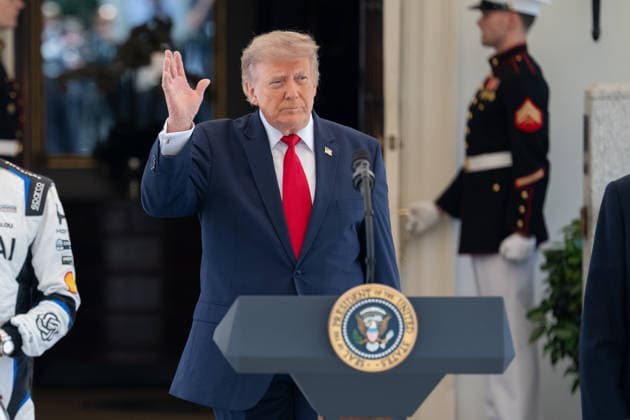 President Donald Trump arrives to deliver remarks while hosting top IndyCar drivers at the White House in Washington, DC to promote the inaugural Freedom 250 Grand Prix on Monday, July 13, 2026. The race will be held in DC on August 22-23, 2026.  WASP20260713119 AaronxSchwartz