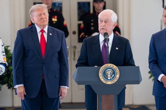 IndyCar series owner Roger Penske, center, makes remarks as President Donald Trump hosts top IndyCar drivers at the White House in Washington, DC to promote the inaugural Freedom 250 Grand Prix on Monday, July 13, 2026. The race will be held in DC on August 22-23, 2026.  WASP20260713122 AaronxSchwartz