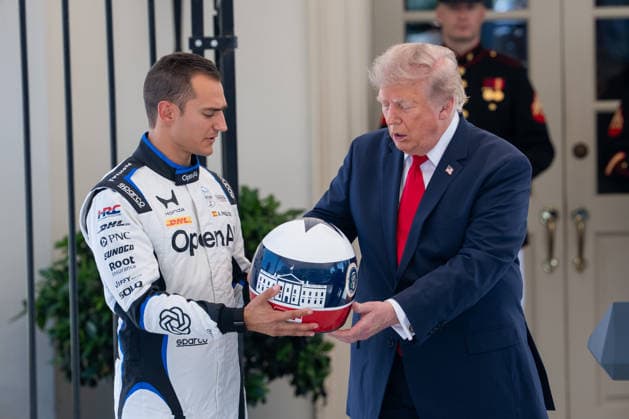 IndyCar racer Ãlex Palou presents President Donald Trump with a race helmet at an event hosting top IndyCar racers at the White House in Washington, DC to promote the Freedom 250 Grand Prix on Monday, July 13, 2026.  WASP20260713124 AaronxSchwartz