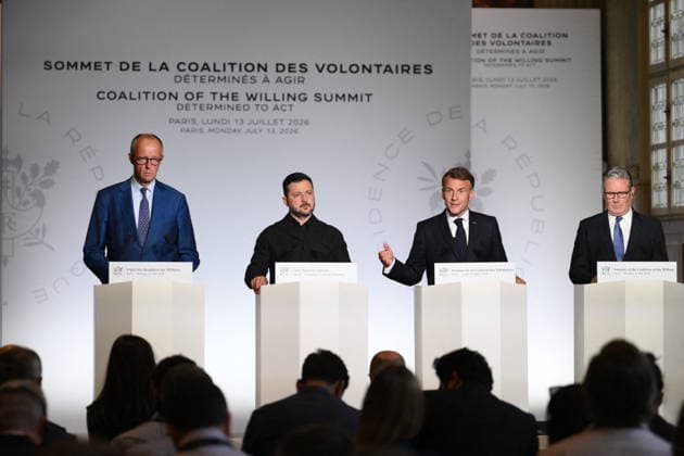 Meeting of Coalition of the Willing leaders - Press Conference - Paris German Chancellor Friedrich Merz, Ukraine s President Volodymyr Zelensky, France s President Emmanuel Macron and Britain s Prime Minister Keir Starmer pictured at a press conference during meeting of Coalition of the Willing leaders at the Hotel des Invalides in Paris, France on July 13 2026. Photo by Eliot Blondet ABACAPRESS.COM Paris France  Copyright: xBlondetxEliot ABACAx