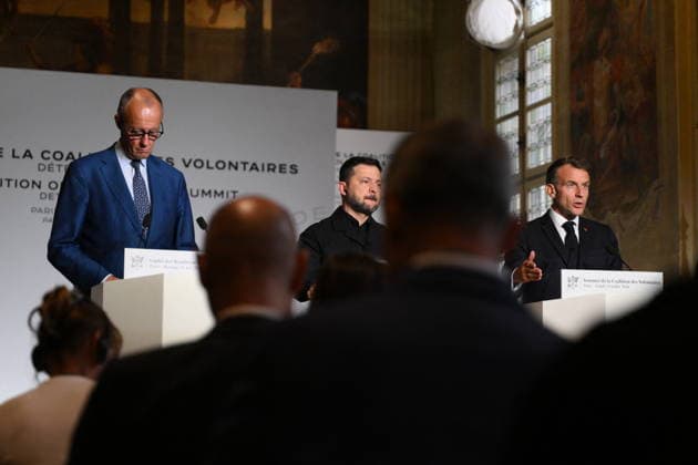 Meeting of Coalition of the Willing leaders - Press Conference - Paris German Chancellor Friedrich Merz, Ukraine s President Volodymyr Zelensky and France s President Emmanuel Macron pictured at a press conference during meeting of Coalition of the Willing leaders at the Hotel des Invalides in Paris, France on July 13 2026. Photo by Eliot Blondet ABACAPRESS.COM Paris France  Copyright: xBlondetxEliot ABACAx