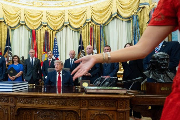 July 13, 2026, Washington, District Of Columbia, USA: United States President Donald J Trump is seen as the press are ushered out from a signing ceremony in the Oval Office of the White House in Washington, DC, USA, on Monday, July 13, 2026. The Executive Order modifies two Utah monuments, Grand Staircase-Escalante National Monument and Bears Ears National Monument, significantly decreasing both of their sizes Washington USA - ZUMAs152 20260713_faa_s152_097 Copyright: xAaronxSchwartzx-xPoolxviaxCNPx