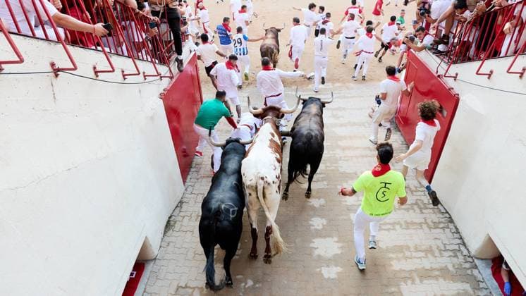 Last running of the bulls of San Fermin 2026 with bulls from the Jandilla ranch in the section of the alley and entrance to the square, in Pamplona on July 14, 2026. Ultimo encierro de San Fermin 2026 con toros de la ganaderia de Jandilla en el tramo del callejon y entrada a la plaza, en Pamplona a 14 de julio de 2026. Inigo Alzugaray Cordon Press Cordon Press  InigoxAlzugaray @ialzu