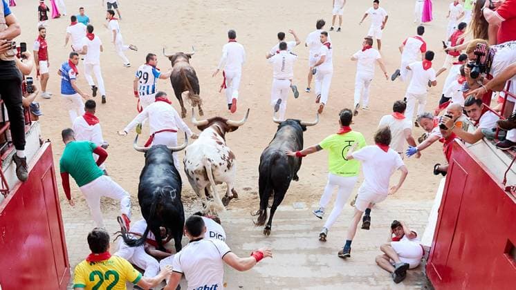 Last running of the bulls of San Fermin 2026 with bulls from the Jandilla ranch in the section of the alley and entrance to the square, in Pamplona on July 14, 2026. Ultimo encierro de San Fermin 2026 con toros de la ganaderia de Jandilla en el tramo del callejon y entrada a la plaza, en Pamplona a 14 de julio de 2026. Inigo Alzugaray Cordon Press Cordon Press  InigoxAlzugaray @ialzu