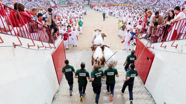 Last running of the bulls of San Fermin 2026 with bulls from the Jandilla ranch in the section of the alley and entrance to the square, in Pamplona on July 14, 2026. Ultimo encierro de San Fermin 2026 con toros de la ganaderia de Jandilla en el tramo del callejon y entrada a la plaza, en Pamplona a 14 de julio de 2026. Inigo Alzugaray Cordon Press Cordon Press  InigoxAlzugaray @ialzu