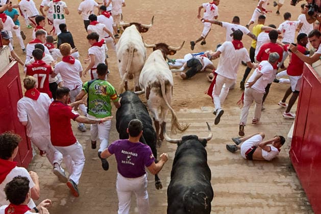 July 14, 2026, Pamplona, Navarre, Spain: People take part in the traditional encierro (bull-run) of the San Fermin Festival in Pamplona, Spain on July 14, 2026. The bull-running fiesta is held annually from 06 to 14 July in commemoration of the city s patron saint. Visitors from all over the world attend the festival. Many of them physically participate in the highlight event - the running of the bulls, or encierro - where they attempt to outrun the animals along a route through the narrow streets of Pamplona s old city. Pamplona Spain - ZUMAa206 20260714_zsp_a206_011 Copyright: xRubenxAlbarranx