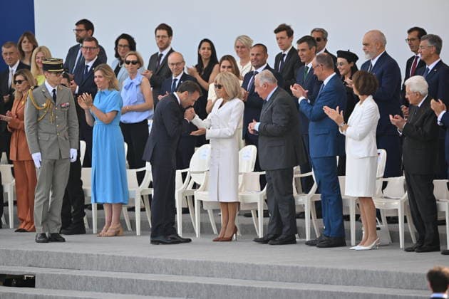 Bastille Day military parade in Paris PARIS, FRANCE - JULY 14: French President Emmanuel Macron, his wife Brigitte Macron, German Chancellor Friedrich Merz and President of the French Senate Gerard Larcher attend the annual Bastille Day military parade on the Place de la Concorde in Paris, France on July 14, 2026. Mustafa Yalcin Anadolu Paris France. Editorial use only. Please get in touch for any other usage.  Copyright: x2026xAnadoluxMustafaxYalcinx