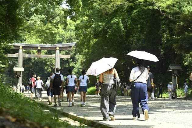 Extreme heat grips Tokyo as temperatures rise across eastern Japan TOKYO, JAPAN - JULY 14 : Visitors carrying a parasol walk through the shaded grounds of the Meiji Jingu shrine during hot weather in Tokyo, Japan, July 14, 2026. Temperatures in central Tokyo were forecast to reach 34 degrees Celsius. David Mareuil Anadolu Tokyo Japan. Editorial use only. Please get in touch for any other usage.  Copyright: x2026xAnadoluxDavidxMareuilx