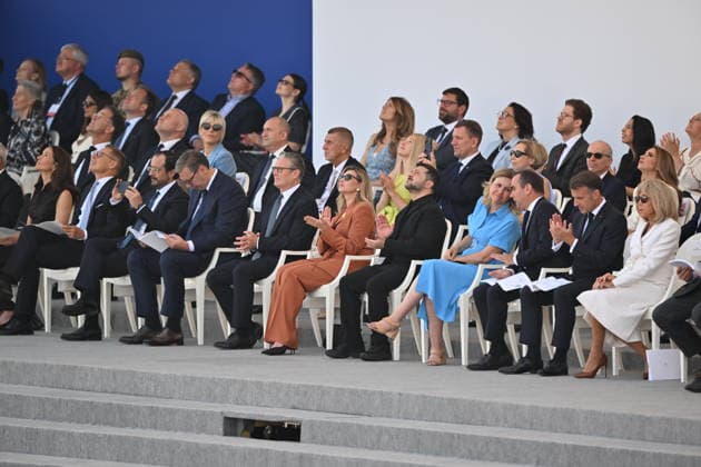 Bastille Day military parade in Paris PARIS, FRANCE - JULY 14: French President Emmanuel Macron, his wife Brigitte Macron, German Chancellor Friedrich Merz, President of the French Senate Gerard Larcher, Ukrainian President Volodymyr Zelenskyy attend the annual Bastille Day military parade on the Place de la Concorde in Paris, France on July 14, 2026. Mustafa Yalcin Anadolu Paris France. Editorial use only. Please get in touch for any other usage.  Copyright: x2026xAnadoluxMustafaxYalcinx