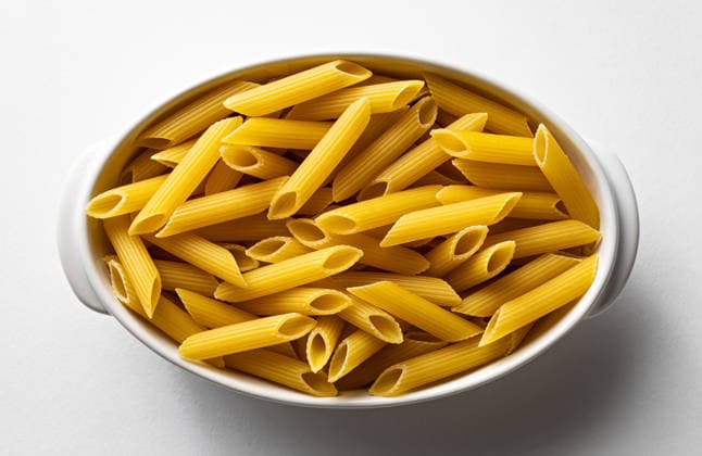 Nahaufnahme von ungekochten Penne-Nudeln in einer ovalen Schüssel als einfaches, isoliertes Lebensmittel-Stillleben Close top view of uncooked penne pasta in an oval dish as a simple isolated food still life (License=RF) Copyright: xZoonar.com SvetlanaxKolpakovax 25329779