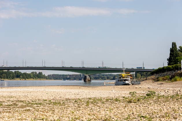 Niedrigwasser am Rhein: Freiliegende Uferbereiche am Beueler Rheinufer in Bonn Bonn-Beuel, Nordrhein-Westfalen, Deutschland 14.07.2026: Das Beueler Rheinufer zeigt sich bei sommerlichem Wetter mit einem deutlich niedrigen Wasserstand des Rheins. Weite Kies- und Sandflächen sind freigelegt, während sich der Fluss auf sein schmaleres Bett zurückgezogen hat. Der aktuelle Rheinpegel am Pegel Bonn liegt bei rund 102 bis 103 Zentimetern und unterstreicht die anhaltende Niedrigwassersituation. Bonn Beuel Nordrhein-Westfalen Deutschland *** Low Water Levels on the Rhine: Exposed Riverbanks Along the Rhine in Beuel, Bonn, North Rhine-Westphalia, Germany July 14, 2026 The Beuel bank of the Rhine is visible in summery weather with the river’s w