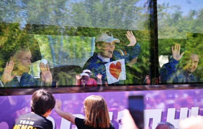Kazakhstan Russia Space 9205140 14.07.2026 Prime crew members, NASA astronaut Anil Menon, Roscosmos cosmonauts and Pyotr Dubrov and Anna Kikina react in a bus while leaving for a pre-launch preparation ahead of the 75th expedition to the International Space Station (ISS) at the Baikonur Cosmodrome, Kazakhstan. Yuri Kochetkov Sputnik Baikonur Kazakhstan  Copyright: xYurixKochetkovx