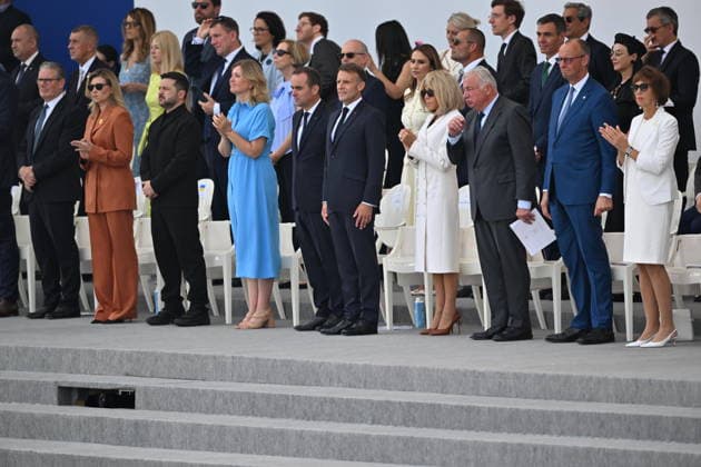 Bastille Day military parade in Paris PARIS, FRANCE - JULY 14: French President Emmanuel Macron (C), his wife Brigitte Macron (4th R), British Prime Minister Keir Starmer (L), Ukrainian First Lady Olena Zelenska (2nd L), Ukrainian President Volodymyr Zelenskyy (3rd L), French Prime Minister Sebastien Lecornu (5th L), German Chancellor Friedrich Merz (2nd R) and President of the French Senate Gerard Larcher (3rd R) attend the annual Bastille Day military parade on the Place de la Concorde in Paris, France on July 14, 2026. Mustafa Yalcin Anadolu Paris France. Editorial use only. Please get in touch for any other usage.  Copyright: x2026xAnadoluxMustafaxYalcinx