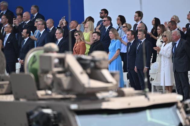 Bastille Day military parade in Paris PARIS, FRANCE - JULY 14: French President Emmanuel Macron, his wife Brigitte Macron, British Prime Minister Keir Starmer, Ukrainian First Lady Olena Zelenska, Ukrainian President Volodymyr Zelenskyy, French Prime Minister Sebastien Lecornu, German Chancellor Friedrich Merz and President of the French Senate Gerard Larcher attend the annual Bastille Day military parade on the Place de la Concorde in Paris, France on July 14, 2026. Mustafa Yalcin Anadolu Paris France. Editorial use only. Please get in touch for any other usage.  Copyright: x2026xAnadoluxMustafaxYalcinx
