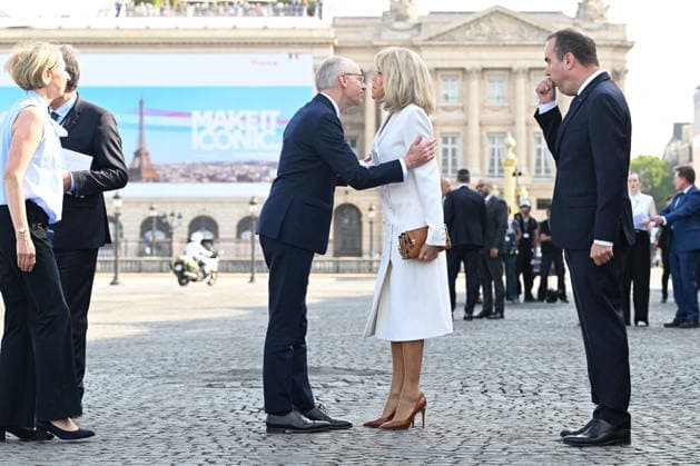 Bastille Day Parade - Place de la Concorde - Paris French Prime Minister Sebastien Lecornu and Brigitte Macron, wife of French President Emmanuel Macron, welcome Luxembourg Prime Minister Luc Frieden and his wife, Marjolijne Frieden upon their arrival for the annual Bastille Day military parade on the Place de la Concorde in Paris, France, on July 14, 2026. Photo by Jeanne Accorsini Pool ABACAPRESS.COM Paris France  Copyright: xAccorsinixJeanne Pool ABACAx