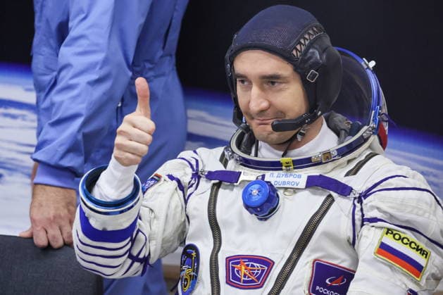 KAZAKHSTAN, BAIKONUR - JULY 14, 2026: ISS Expedition 74 75 prime crew member, Roscosmos cosmonaut Pyotr Dubrov gives a thumbs up gesture during a spacesuit check before the launch of the Soyuz-2.1a rocket booster carrying the Soyuz MS-29 spacecraft from Baikonur Cosmodrome. Sergei Savostyanov TASS  95029312
