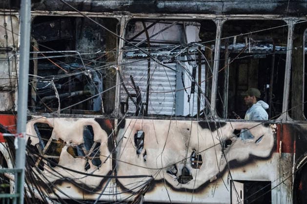 Santiago, July 14, 2026: A traffic accident involving a Red Eléctrico bus and a private vehicle at the corner of Santa Rosa and Franklin in the city of Santiago caused a fire in commercial establishments at that intersection. Diego Martin Aton Chile, Aton 1172293 jpeg  Copyright: DIEGOxMARTIN ATONxCHILE