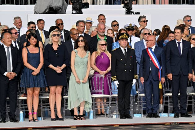 July 14, 2026, military parade in Nice attended by Marine Le Pen, who was invited by Eric Ciotti, the mayor of Nice, president of the UDR, and an ally of the RN, on the sidelines of the commemorations marking the tenth anniversary of the Nice attack. Marine Le Pen arrived accompanied by the UDR representative for the Alpes-Maritimes, Christelle D’Intorni, to applause from the official stands. During the parade, the declared candidate for the upcoming presidential election sat in the front row, flanked by Bernard Chaix and Christelle D’Intorni, the UDR members of the National Assembly from the Alpes-Maritimes, Alexandra Louis, the interministerial delegate for victim assistance (DIAV), the prefect of the Alpes-Maritimes, Laurent Houttiaux,  Copyright: xBrunoxBebertx xBestimagexBrunoxBebertx xBestimagex
