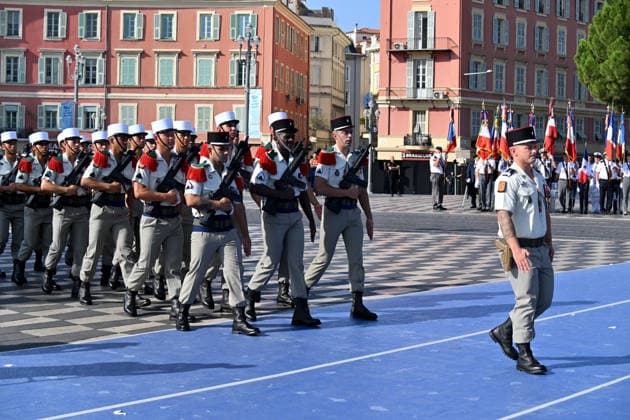 July 14, 2026, military parade in Nice attended by Marine Le Pen, who was invited by Eric Ciotti, the mayor of Nice, president of the UDR, and an ally of the RN, on the sidelines of the commemorations marking the tenth anniversary of the Nice attack. Marine Le Pen arrived accompanied by the UDR representative for the Alpes-Maritimes, Christelle D’Intorni, to applause from the official stands. During the parade, the declared candidate for the upcoming presidential election sat in the front row, flanked by Bernard Chaix and Christelle D’Intorni, the UDR members of the National Assembly from the Alpes-Maritimes, Alexandra Louis, the interministerial delegate for victim assistance (DIAV), the prefect of the Alpes-Maritimes, Laurent Houttiaux,  Copyright: xBrunoxBebertx xBestimagexBrunoxBebertx xBestimagex