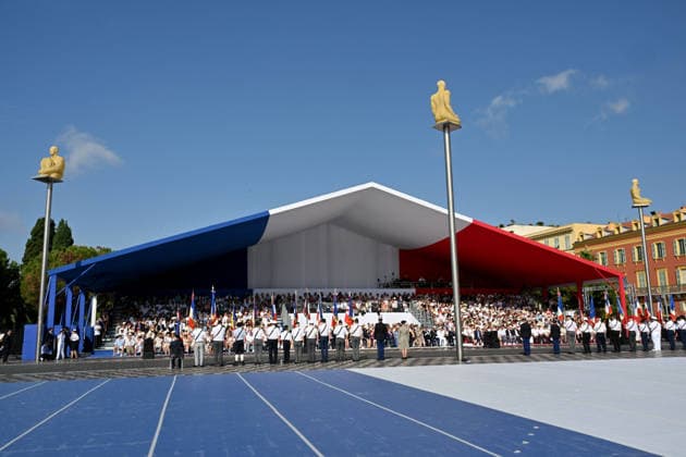 July 14, 2026, military parade in Nice attended by Marine Le Pen, who was invited by Eric Ciotti, the mayor of Nice, president of the UDR, and an ally of the RN, on the sidelines of the commemorations marking the tenth anniversary of the Nice attack. Marine Le Pen arrived accompanied by the UDR representative for the Alpes-Maritimes, Christelle D’Intorni, to applause from the official stands. During the parade, the declared candidate for the upcoming presidential election sat in the front row, flanked by Bernard Chaix and Christelle D’Intorni, the UDR members of the National Assembly from the Alpes-Maritimes, Alexandra Louis, the interministerial delegate for victim assistance (DIAV), the prefect of the Alpes-Maritimes, Laurent Houttiaux,  Copyright: xBrunoxBebertx xBestimagexBrunoxBebertx xBestimagex