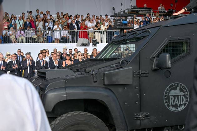 July 14, 2026, military parade in Nice attended by Marine Le Pen, who was invited by Eric Ciotti, the mayor of Nice, president of the UDR, and an ally of the RN, on the sidelines of the commemorations marking the tenth anniversary of the Nice attack. Marine Le Pen arrived accompanied by the UDR representative for the Alpes-Maritimes, Christelle D’Intorni, to applause from the official stands. During the parade, the declared candidate for the upcoming presidential election sat in the front row, flanked by Bernard Chaix and Christelle D’Intorni, the UDR members of the National Assembly from the Alpes-Maritimes, Alexandra Louis, the interministerial delegate for victim assistance (DIAV), the prefect of the Alpes-Maritimes, Laurent Houttiaux,  Copyright: xBrunoxBebertx xBestimagexBrunoxBebertx xBestimagex