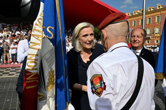 Marine Le Pen and Bernard Chaix: July 14, 2026 military parade in Nice attended by Marine Le Pen, who was invited by Eric Ciotti, the mayor of Nice, president of the UDR, and an ally of the RN, on the sidelines of the commemorations marking the tenth anniversary of the Nice attack. Marine Le Pen arrived accompanied by the UDR representative for the Alpes-Maritimes, Christelle D’Intorni, to applause from the official grandstand. During the parade, the declared candidate for the upcoming presidential election sat in the front row, flanked by Bernard Chaix and Christelle D’Intorni, the UDR members of the National Assembly from the Alpes-Maritimes, Alexandra Louis, the interministerial delegate for victim assistance (DIAV), the prefect of the  Copyright: xBrunoxBebertx xBestimagexBrunoxBebertx xBestimagex