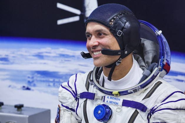 KAZAKHSTAN, BAIKONUR - JULY 14, 2026: ISS Expedition 74 75 prime crew member, NASA astronaut Anil Menon, is seen during a spacesuit check before the launch of the Soyuz-2.1a rocket booster carrying the Soyuz MS-29 spacecraft from Baikonur Cosmodrome. Sergei Savostyanov TASS  95029780