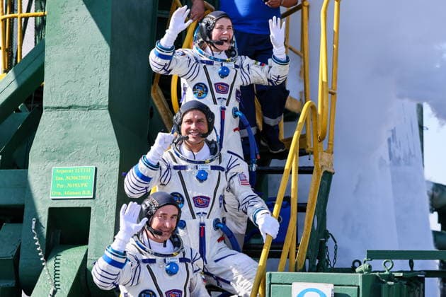 KAZAKHSTAN, BAIKONUR - JULY 14, 2026: ISS Expedition 74 75 prime crew members Roscosmos cosmonaut Pyotr Dubrov, NASA astronaut Anil Menon and Roscosmos cosmonaut Anna Kikina (bottom to top) wave before the launch of the Soyuz-2.1a rocket booster carrying the Soyuz MS-29 spacecraft from Baikonur Cosmodrome Baikonur Kazakhstan  - ZUMAt113 20260714_zaa_t113_154 Copyright: xSergeixSavostyanovx