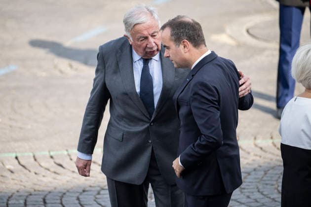 Bastille Day Parade - Place de la Concorde - Paris French prime Minister Sebastien Lecornu with Gerard Larcher during the annual Bastille Day military parade on the Champs-Elysees Avenue in Paris on July 14, 2026.Photo by Eliot Blondet ABACAPRESS.COM Paris France France  Copyright: xBlondetxEliot ABACAx