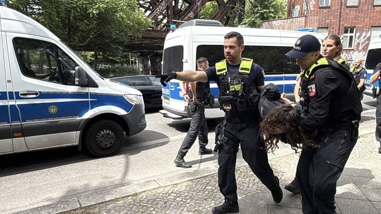 Police intervene during Rheinmetall protest in Berlin BERLIN, GERMANY - JULY 14: German police intervene against more than 30 activists supporting the Peacefully Against Genocide group during a protest near a Rheinmetall facility in Berlin s Wedding district, Germany, on July 14, 2026. Erbil Basay Anadolu Berlin Germany. Editorial use only. Please get in touch for any other usage.  Copyright: x2026xAnadoluxErbilxBasayx