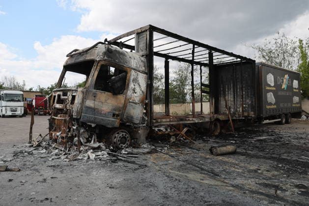 RUSSIA, LUGANSK - JULY 14, 2026: A destroyed vehicle is seen after a military strike on a parking lot with civilian trucks Lugansk Russia  - ZUMAt113 20260714_zaa_t113_245 Copyright: xAlexanderxRekax