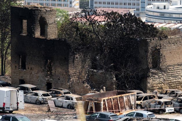 Fire breaks out on Solfatara volcano in Pozzuoli POZZUOLI, ITALY - JULY 14: The aftermath of a wildfire is seen in the Pisciarelli area on the outer edge of the Solfatara volcanic crater in the Campi Flegrei (Phlegraean Fields) volcanic region near Naples, Italy, on July 14, 2026. The fire, which broke out on July 13, burned vegetation across the area as firefighters continued assessment and recovery operations. Eliano Imperato Anadolu Naples Italy. Editorial use only. Please get in touch for any other usage.  Copyright: x2026xAnadoluxElianoxImperatox