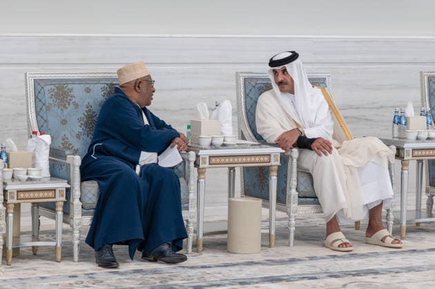 Emir of Qatar Receives Condolences from Heads of State - Doha Emir of Qatar Sheikh Tamim bin Hamad Al Thani receives Azali Assoumani, President of the Union of the Comoros (left), who presents his condolences after the passing of Sheikh Tamim’s father, the late Emir Sheikh Hamad bin Khalifa Al Thani, at Lusail Palace, in Doha, Qatar, on July 14, 2026. Photo by Balkis Press ABACAPRESS.COM Doha Qatar  Copyright: xBalkisxPress ABACAx