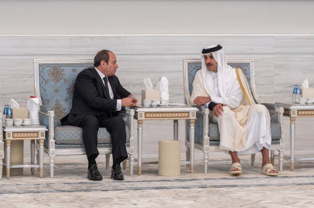 Emir of Qatar Receives Condolences from Heads of State - Doha Emir of Qatar Sheikh Tamim bin Hamad Al Thani receives Egyptian president Abdel Fattah Al Sissi (left), who presents his condolences after the passing of Sheikh Tamim’s father, the late Emir Sheikh Hamad bin Khalifa Al Thani, at Lusail Palace, in Doha, Qatar, on July 14, 2026. Photo by Balkis Press ABACAPRESS.COM Doha Qatar  Copyright: xBalkisxPress ABACAx