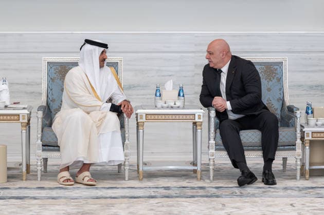 Emir of Qatar Receives Condolences from Heads of State - Doha Emir of Qatar Sheikh Tamim bin Hamad Al Thani receives Lebanese president Joseph Aoun (right) who presents his condolences after the passing of Sheikh Tamim’s father, the late Emir Sheikh Hamad bin Khalifa Al Thani, at Lusail Palace, in Doha, Qatar, on July 14, 2026. Photo by Balkis Press ABACAPRESS.COM Doha Qatar  Copyright: xBalkisxPress ABACAx