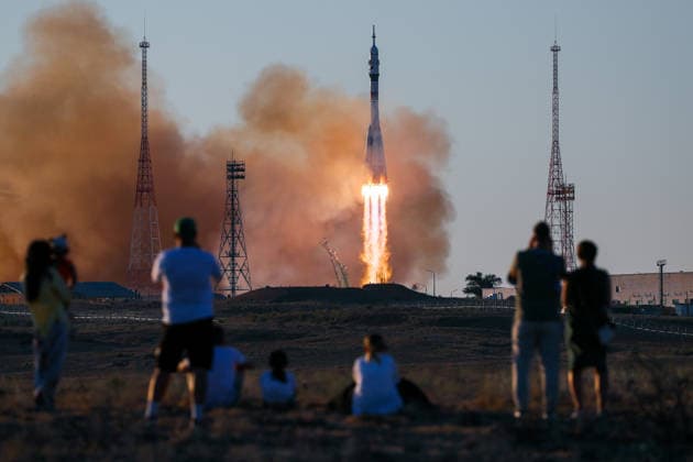 KAZAKHSTAN, KYZYLORDA REGION - JULY 14, 2026: A Soyuz-2.1a rocket booster blasts off from the Baikonur Cosmodrome to put into orbit the Soyuz MS-29 spacecraft with Roscosmos cosmonauts Pyotr Dubrov, Anna Kikina and NASA astronaut Anil Menon on board as the prime crew of Expedition 74 75 to the International Space Station (ISS). Sergei Savostyanov TASS  95037844