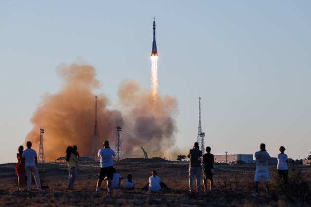 KAZAKHSTAN, KYZYLORDA REGION - JULY 14, 2026: A Soyuz-2.1a rocket booster blasts off from the Baikonur Cosmodrome to put into orbit the Soyuz MS-29 spacecraft with Roscosmos cosmonauts Pyotr Dubrov, Anna Kikina and NASA astronaut Anil Menon on board as the prime crew of Expedition 74 75 to the International Space Station (ISS). Sergei Savostyanov TASS  95037846