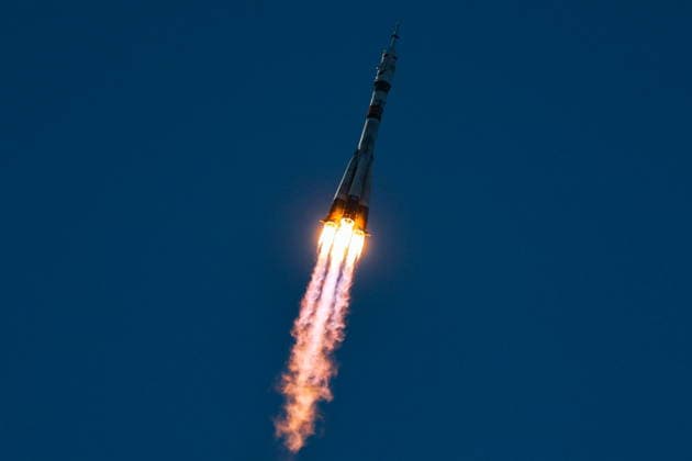 KAZAKHSTAN, KYZYLORDA REGION - JULY 14, 2026: A Soyuz-2.1a rocket booster blasts off from the Baikonur Cosmodrome to put into orbit the Soyuz MS-29 spacecraft with Roscosmos cosmonauts Pyotr Dubrov, Anna Kikina and NASA astronaut Anil Menon on board as the prime crew of Expedition 74 75 to the International Space Station (ISS). Sergei Savostyanov TASS  95038375